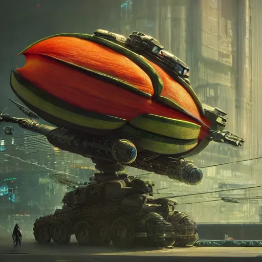 Image similar to Concept Digital Art Highly detailed Giant Watermelon war machine protecting Ukrainian city from Orks by Taras Shevchenko and Stephen Hickman and Beeple. Very highly detailed 8K,Pentax 67, Kodak Portra 400 in style of Hiromasa Ogura Ghost in the Shell, the golden ratio, rational painting