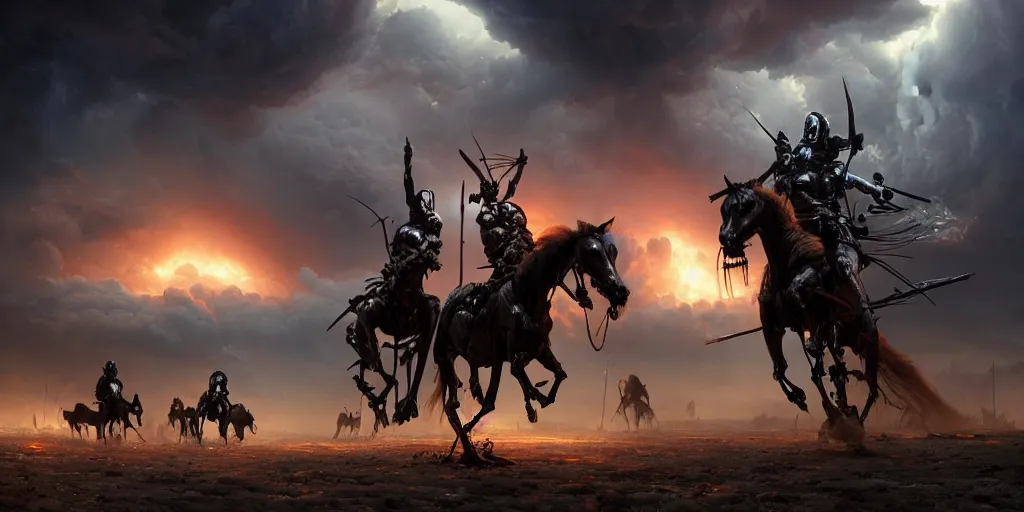 Image similar to ”four horsemen of the apocalypse riding skeleton horses towards the camera [epic, cinematic, scary, intimidating, horror, war, battle, hell, storm clouds, lightning, octane render, 8k, mattepainting, art by wlop and paul lehr and greg rutkowski]”