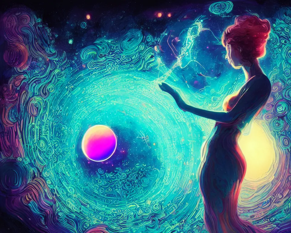 Image similar to a beautiful whimsical woman standing under a multi-colored binary blackhole with an accretion disc, casting magic, glowing trails following her arms, acidwave, intricate repeating geometric patterns, fractals, by Lois van Baarle, by Greg Rutkowski, by artgerm, by beeple, by moebius, cinematic angle, volumetric lighting, 4k resolution, octane render, trending on artstation, masterpiece