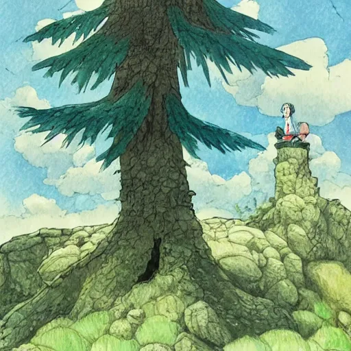 Image similar to laputa castle in the sky hayao miyazaki stands in a small clearing among trees, watercolor illustration for a book