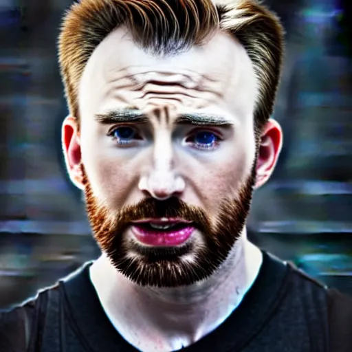 Image similar to Photo of Chris Evans, close-up, high detail, studio, ominous background, smoke, 85mm Sigma Art Lens