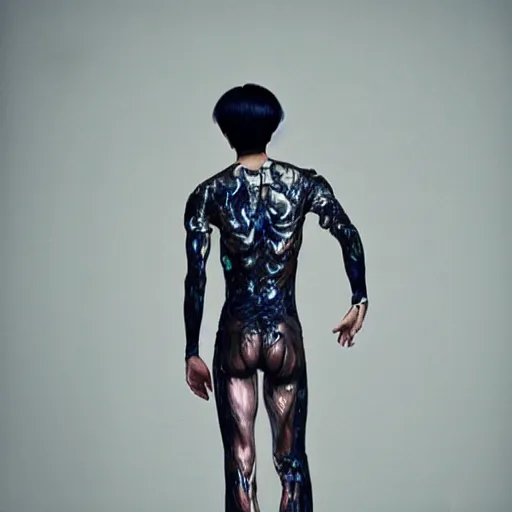 Prompt: a beautiful young korean male wearing iris van herpen, painted by michelangelo