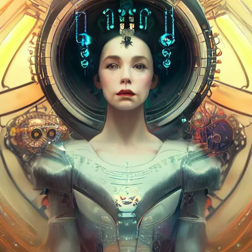 Image similar to portrait futuristic queen elizabeth steampunk half - cyborg, neon light rooftop, fantasy, intricate and very very beautiful and elegant, highly detailed, digital painting, artstation, concept art, smooth and sharp focus, illustration, art by tan zi and ayanamikodon and alphonse mucha and wlop