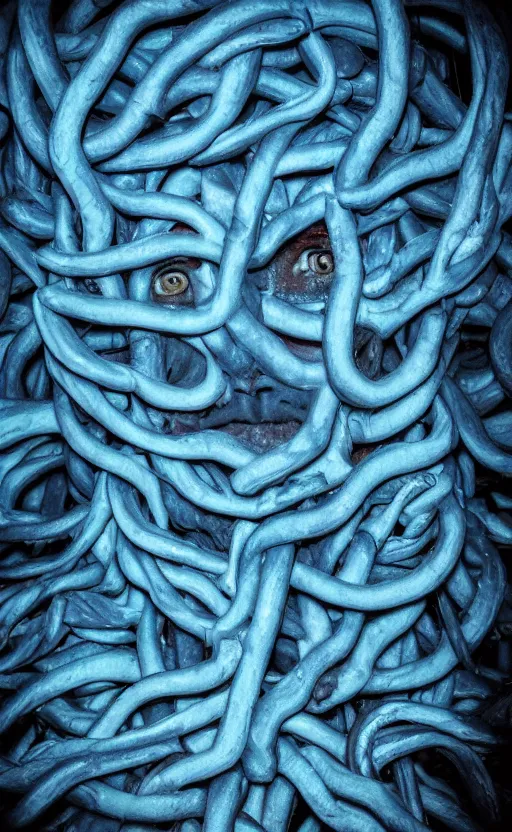 Image similar to blue vines in a dark cave forming a human face, creepy, extreme detail