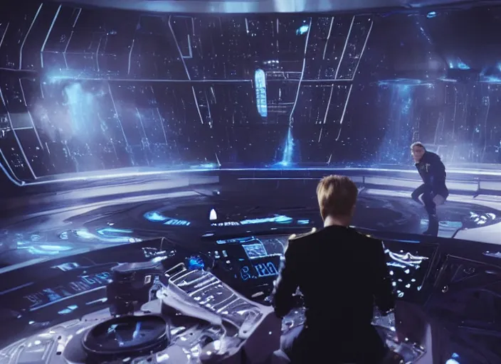 Image similar to Justin Bieber plays as captain in Star Trek Discovery, engine room and warp core in the background, 35mm photography, highly detailed, cinematic lighting, 4k