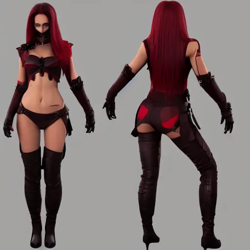 Prompt: 3d skin models , concept model , full shot , character consept, beautiful woman, vampire assassin, warrior fully armoured, long black hair, red eyes, full body shot, royal, 4k quality, unreal engine 5