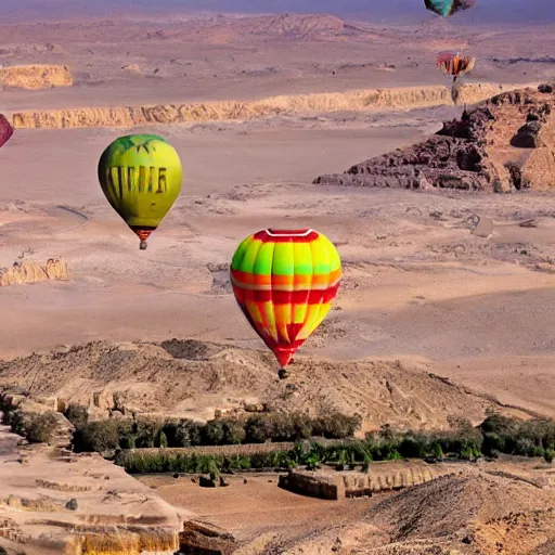 Prompt: hot balloons over the valley of the kings in egypt
