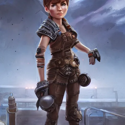 Image similar to full body portrait of a scrappy female gnome engineer with pixie undercut hair and one prosthetic metal gauntlet arm, standing on a ship deck, naval background, fantasy, D&D, full body portrait, highly detailed, digital painting, HD, trending on ArtStation, dark fantasy, great composition, concept art, matte, sharp focus, illustration, art by artgerm and greg rutkowski