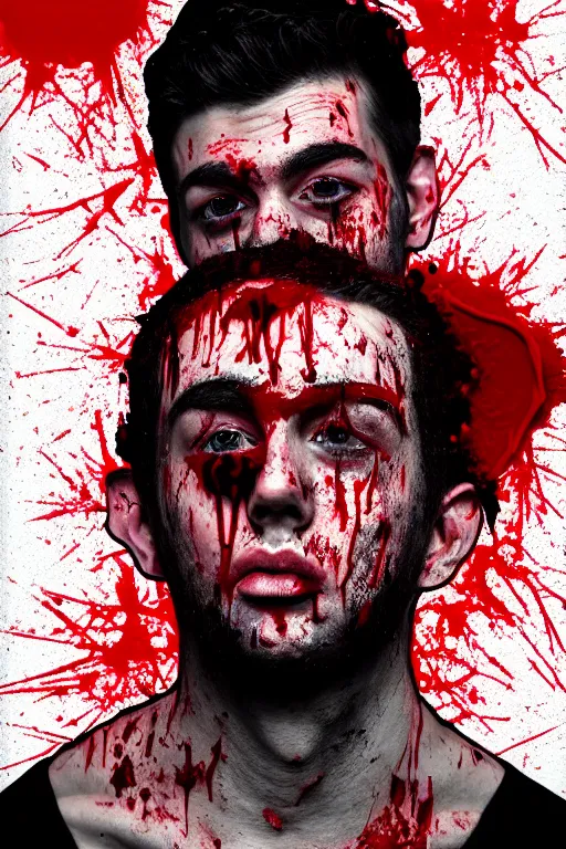 Image similar to guy covered with blood in his face - aesthetic, 4 k, comfort posse, acrylic paint style, pencil style, torn cosmo magazine style, pop art style, ultrarealism, by mike swiderek, jorge lacera, ben lo, tyler west