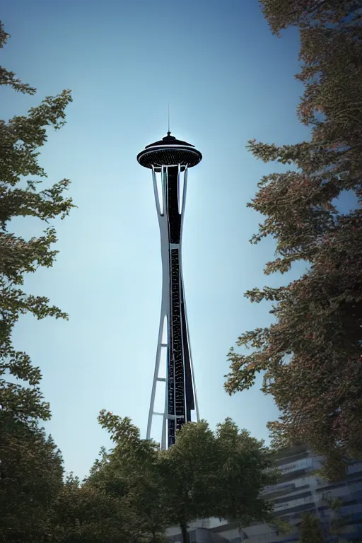 Image similar to space needle in photorealistic unreal render style, blue background
