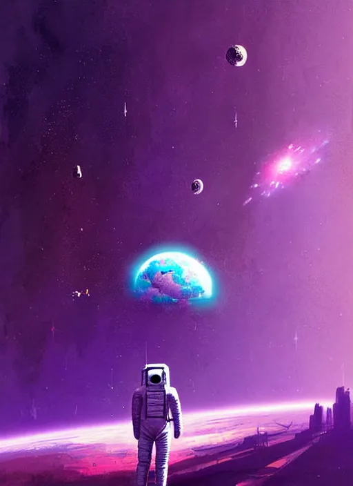 Image similar to sci - fi art, astronaut watching earth from space, purple nebula in the background, art by ismail inceoglu