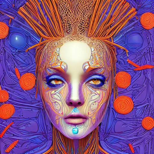 Image similar to the head of an incredibly beautiful and elegant woman partially made of carrots and blueberries, an ultrafine detailed illustration by james jean, final fantasy, intricate linework, bright colors, behance contest winner, vanitas, angular, altermodern, unreal engine 5 highly rendered, global illumination, radiant light, detailed and intricate environment