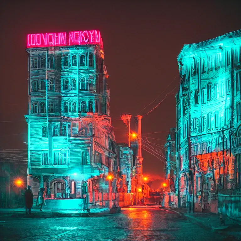 Prompt: nizhny Novgorod nights party in neon lights, high details, hyper realism, 35mm, photo, 8k