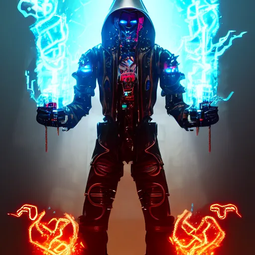Prompt: an evil cybernetic magician releasing fire spell, cyberpunk concept art, trending on artstation, highly detailed, intricate, sharp focus, digital art, 8 k