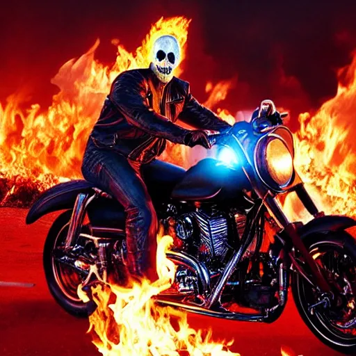 Prompt: An epic movie poster for Ghost Rider starring Ryan Gosling as Ghost Rider on a motorcycle with flames and half a skull face and chains on a desert road fire balls. Sharp. HD. 4K. 8K