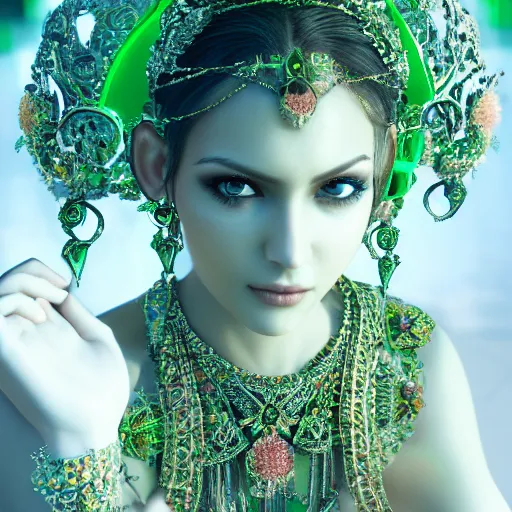 Image similar to photograph of wonderful princess with smooth fair skin, alluring eyes, green jewelry, breathtaking, elegant, ornate, intricate, hyper detailed, accent lighting, dramatic light, 4 k octane render