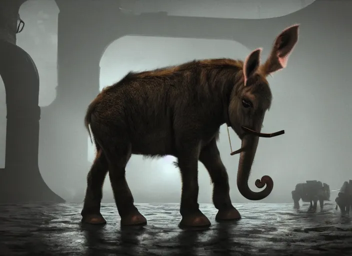 Prompt: uhd photorealisitc nazi donkey holding a press conference in a sewer. a hanging elephant with orange hair is being hanged in the distance. dark, concept art, cinematic, dramatic, atmospheric, 8 k, trending on artstation, low visibility, fog, christopher nolan, interstellar