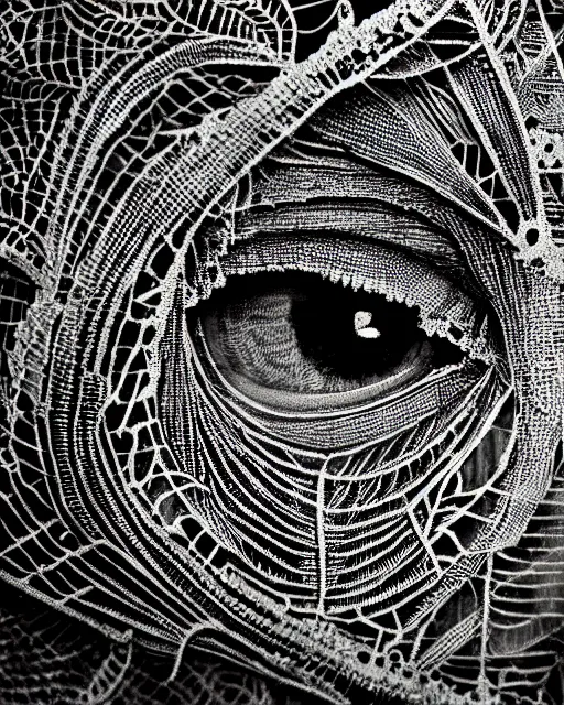 Image similar to extreme close up of a woman's eye, made of intricate decorative lace leaf skeleton, in the style of the dutch masters and gregory crewdson, dark and moody