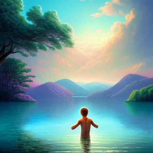 Prompt: a boy swims in a warm, endless lake, 8K, Ultra Realistic, vast surreal landscape and horizon by Asher Durand and Cyril Rolando and Thomas Kinkade, rich pastel color palette, masterpiece!!, grand!, imaginative!!!, epic scale, intricate details, sense of awe, elite, fantasy realism, complex composition, 4k post processing