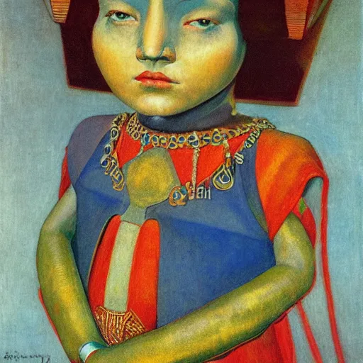 Image similar to the little robot queen in her regalia, by annie swynnerton and diego rivera and nicholas roerich, symbolist, dramatic lighting, elaborate geometric ornament, smooth, sharp focus, extremely detailed, leo and diane dillon, adolf wolfli, soft pastel colors