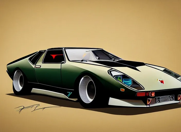 Image similar to a blending, amalgamation and detailed combination of a lamborghini countach, datsun 2 6 0 z and a jaguar e - type, concept art, round headlights, 8 k, highly detailed, trending on art station