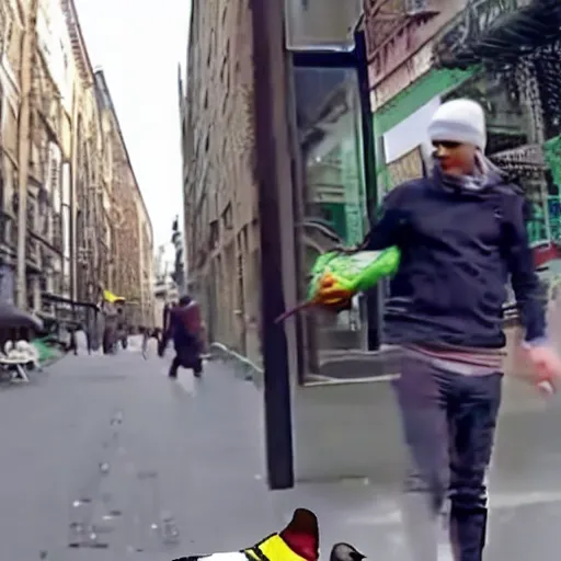 Image similar to surveillance camera footage of xavi hernandez on the street holding a pigeon