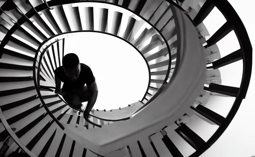 Image similar to zoomed out photo of frank ocean walking up a spiral staircase in the centre of the room, greyscale,