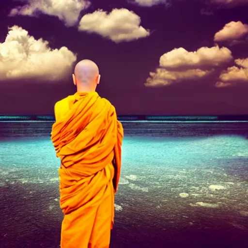 Image similar to !dream a Buddhist monk floating above water with an ice cream ::