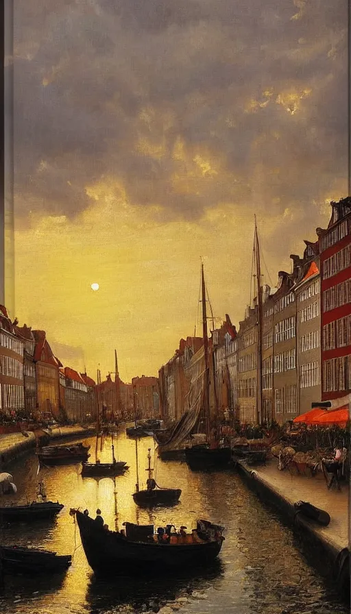 Prompt: still-life painting of Nyhavn at sunset, by Peder Krøyer, lush garden in the background, golden hour, dramatic lighting, volumetric lighting, intricately detailed, canvas print