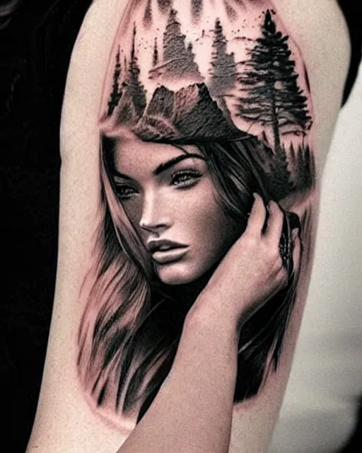 Image similar to double exposure effect tattoo design sketch of megan fox with amazing mountain scenery, realism tattoo, in the style of den yakovlev, amazing detail, sharp