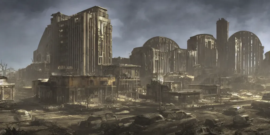 Image similar to fallout concept art neodeco singular building render grim realistic lighting unreal engine 5