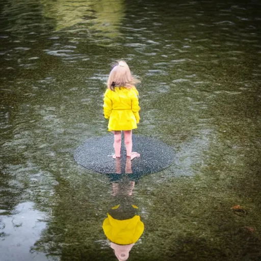 Image similar to a photograph of a reflection of a little girl in a yellow raincoat looking into a pool of water