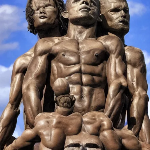 Image similar to group of young men worshipping giant statue of joe rogan and andrew tate in real life, 8 k, 4 k uhd, realistic, hyper realistic, super detailed, very detailed, detailed