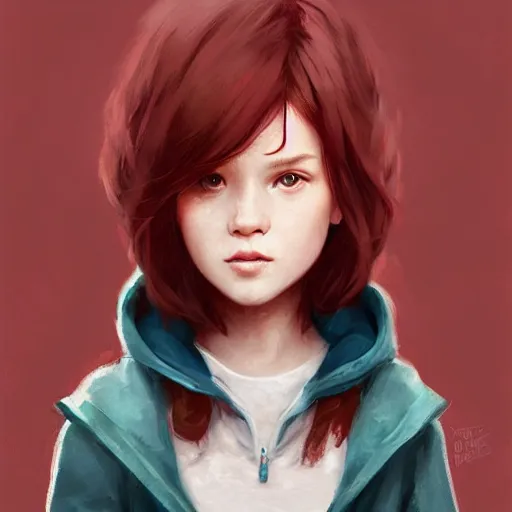 Image similar to a cute tiny girl with short red hair wearing a hoodie, digital art, very beautiful face, pretty face, very detailed eyes, full body illustration, 8 k resolution, soft painting, by greg rutkowski, wlop, rossdraws,