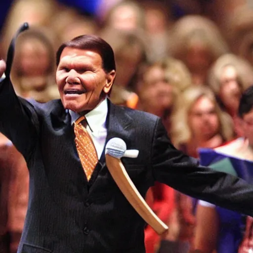 Image similar to kenneth copeland holding an axe chasing crowd in church