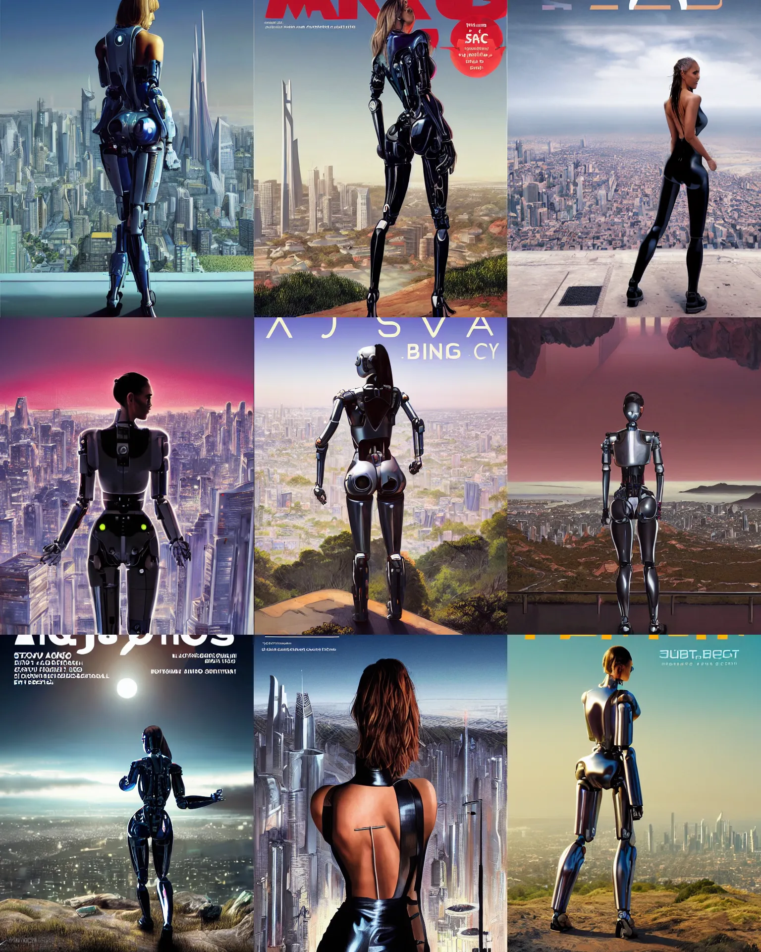 Prompt: magazine cover full body portrait of sweaty jessica alba robot cyborg young woman in a powerful standing pose from behind, overlooking a future sprawling SF from twin peaks, facing away from the camera, bold satin rave outfit :: trending on artstation, morning, ue5, sci-fi concept art :: nixri, Greg rutkowski, wlop, ::