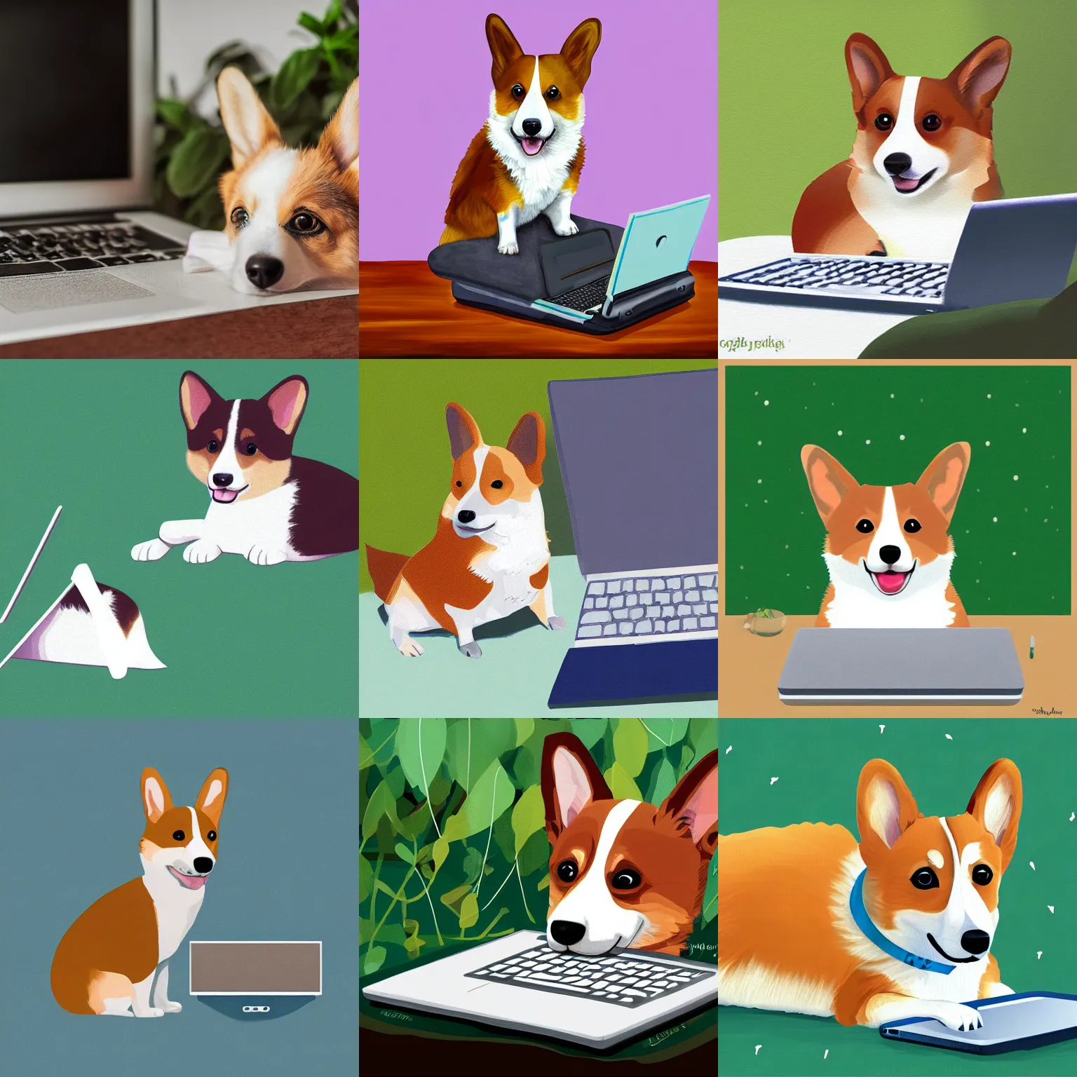 Prompt: very sad crying corgi sitting behind laptop on bed among the greenery, digital art painting