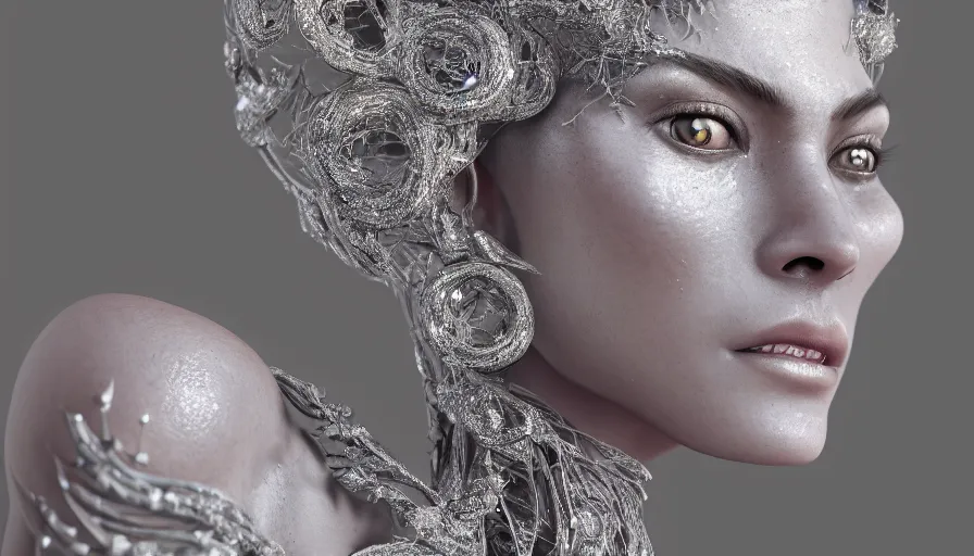 Image similar to full body detailed, ethereal, biomechanical, covered in diamonds and other gems glowing, highly detailed face, elegant posed, intricate, extremy detailed, beeple, cgsociety, 3 d unreal engine octane render. cinematic lighting, highly detailed 4 k art