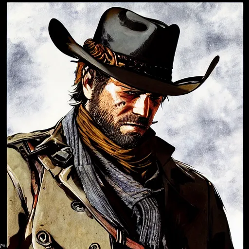Prompt: a close-up portrait of Arthur Morgan from Red Dead Redemption, art by Yoji Shinkawa