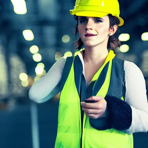 Prompt: photo, close up, emma watson in a hi vis vest, in warehouse, android cameraphone, film noise, 2 6 mm,