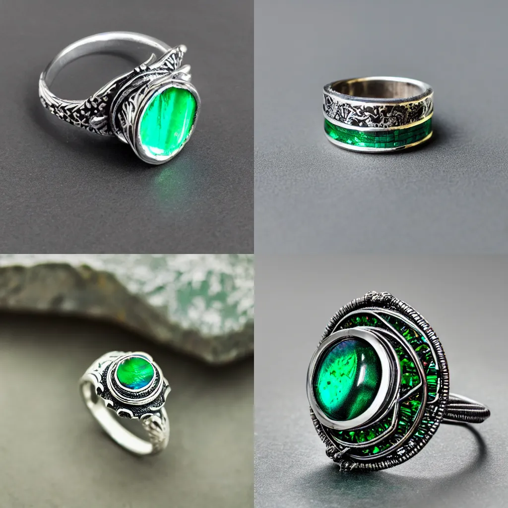 Prompt: product photo of a intricate silver ring with bands of rainbow emeralds and an inlaid dragon eye, depth of field, bokeh