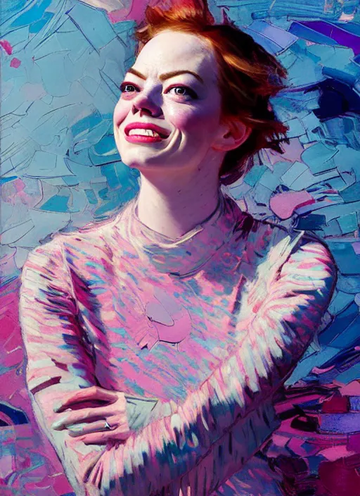 Prompt: portrait of a emma stone, smiling, ecstatic, dancing, eyes closed, open mouth, shades of pink and blue, beautiful face, rule of thirds, intricate outfit, spotlight, by greg rutkowski, by jeremy mann, by francoise nielly, by van gogh, digital painting