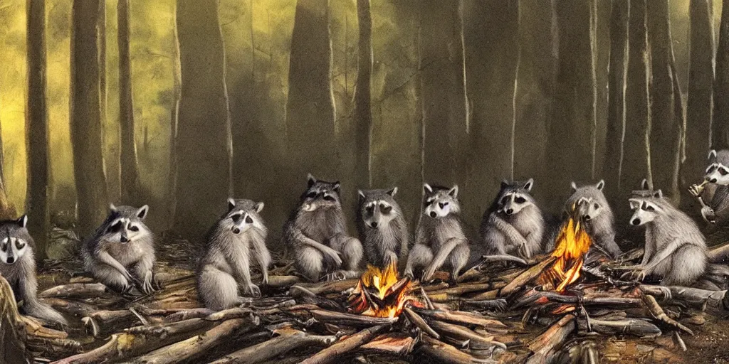 Prompt: A small group of racoons is sitting in the forest next to a campfire. There is a wolf sneaking from the side. Cinematic, very beautiful, painting in the style of Lord of the rings