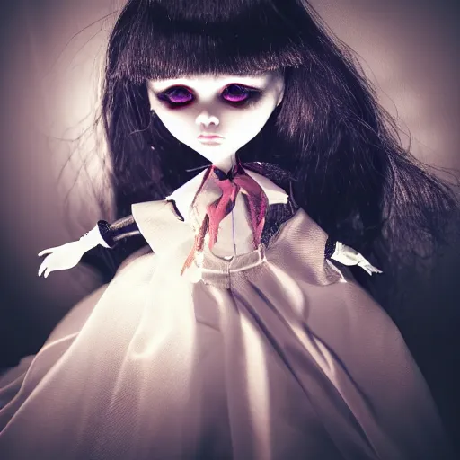 Image similar to lovely realistic robotic high end vampire fashion doll and accessories, on a table under a lamp light shining down over it like a spot light, god rays, dust particles, photorealistic, aesthetic shot, worms eye view, macro camera lens, high definition, thematic, cinematic, lens flare