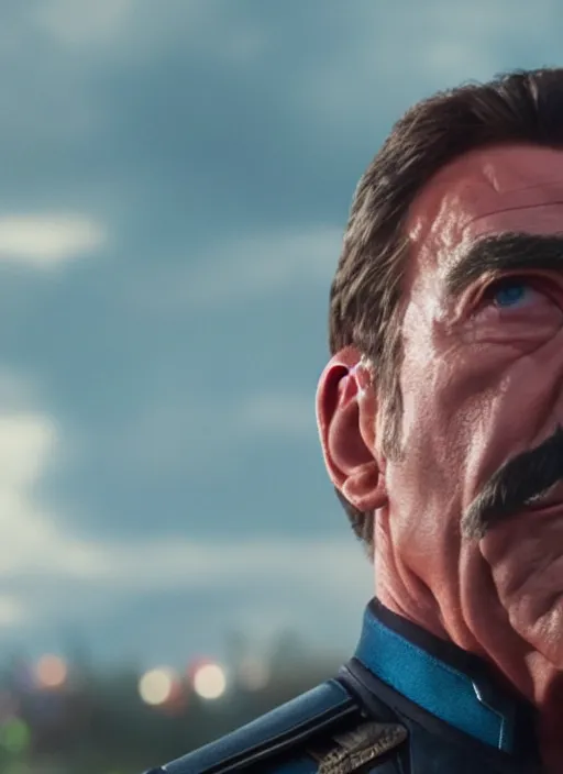 Image similar to film still of tom selleck as captain america in avengers endgame, 4 k