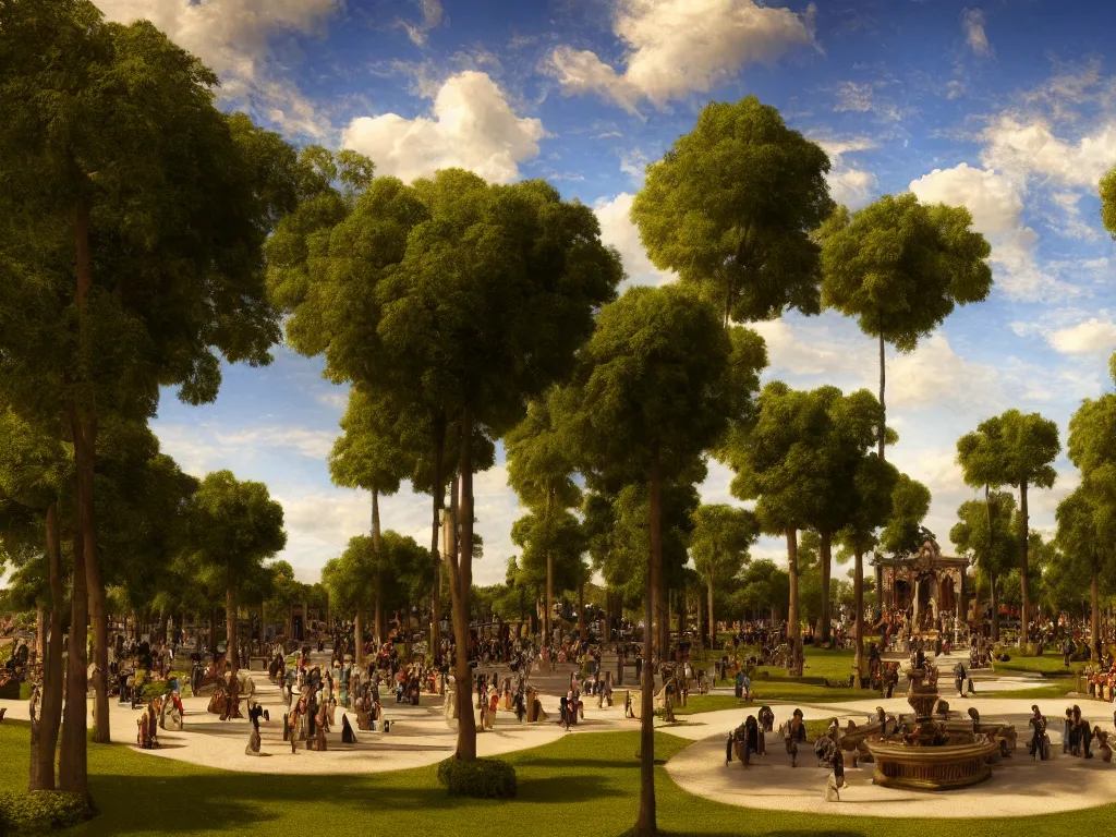 Image similar to a busy elaborate ornate outdoor park designed by leonardo da vinci, cinematic, shadows, partly cloudy day, 4 k, detailed, by