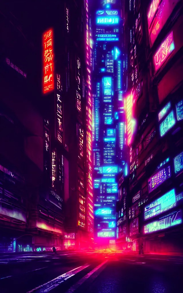 Prompt: a magnificent dark neon futuristic cyberpunk city bustling street at night cyberart photography by liam wong in the film akira rendered in octane, 3 d render, trending on cgsociety, blender 3 d