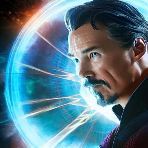 Image similar to dr. strange casting a shield spell in the metaverse, hyper realistic, highly detailed, perfect face, smooth, focus, movie still, cinematic