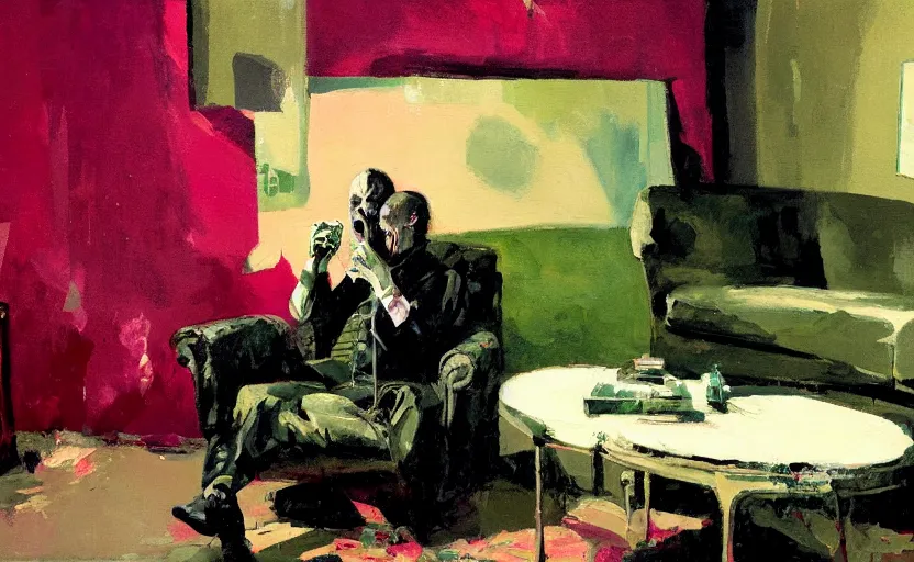 Image similar to a thin man screams at a telephone beside a sofa in a dark living room, painted by phil hale and rick berry and jeremy mann, pink and green, highly detailed