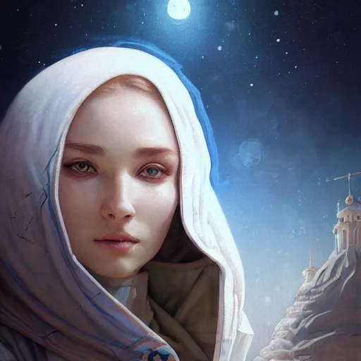 Image similar to A close up futuristic portrait on the street of Russian sleeping quarters on the moon, Norilsk, sci-fi, fantasy, intricate, very very beautiful, elegant, highly detailed, digital painting, artstation, concept art, smooth, sharp focus, illustration, art by artgerm and greg rutkowski and alphonse mucha